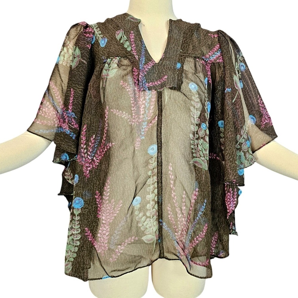Vintage 1970s Blouse Top Shirt Chiffon Brown Floral Butterfly Sleeves Retro